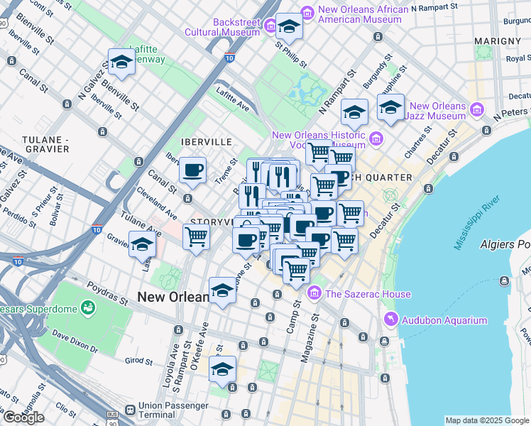map of restaurants, bars, coffee shops, grocery stores, and more near 231 Burgundy Street in New Orleans