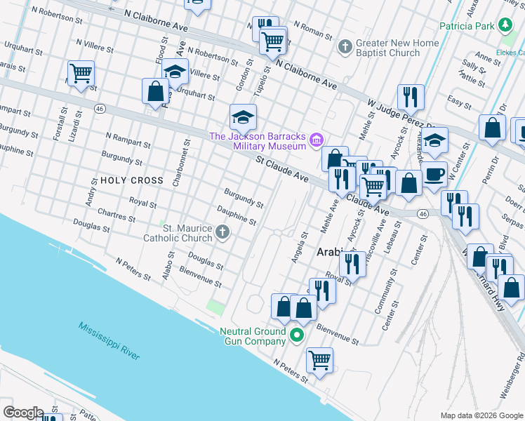 map of restaurants, bars, coffee shops, grocery stores, and more near 1 Delery Street in New Orleans