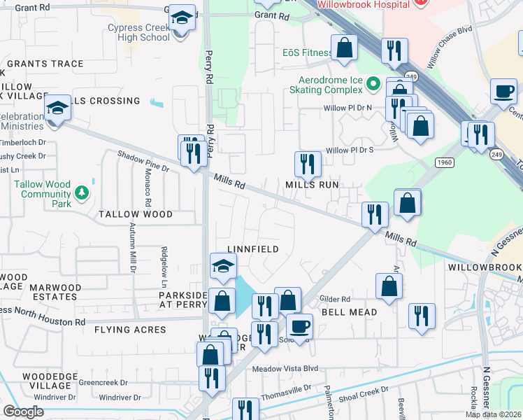 map of restaurants, bars, coffee shops, grocery stores, and more near 9403 Winnwood Court in Houston