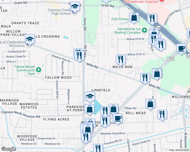 map of restaurants, bars, coffee shops, grocery stores, and more near 12614 Cannonwood Lane in Houston