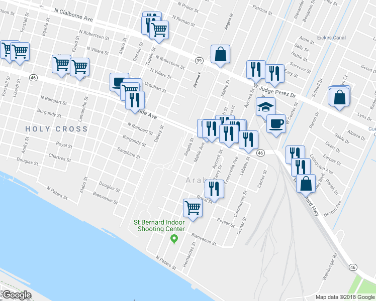 map of restaurants, bars, coffee shops, grocery stores, and more near 931 Angela Street in Arabi