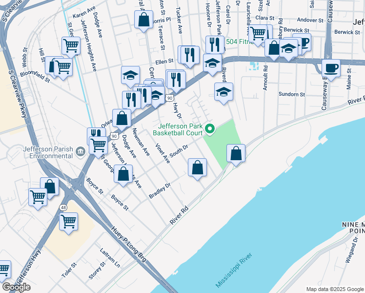 map of restaurants, bars, coffee shops, grocery stores, and more near 4229 South Drive in Jefferson