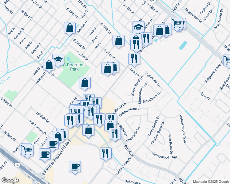map of restaurants, bars, coffee shops, grocery stores, and more near 3948 Farm to Market Road 365 in Port Arthur