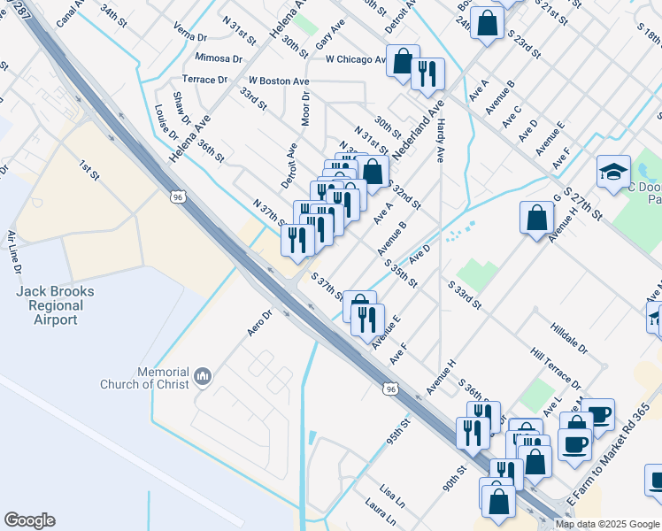 map of restaurants, bars, coffee shops, grocery stores, and more near 3610 Avenue A in Nederland