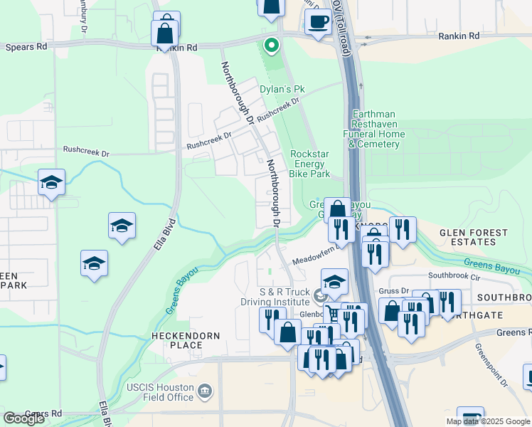map of restaurants, bars, coffee shops, grocery stores, and more near 13011 Northborough Drive in Houston