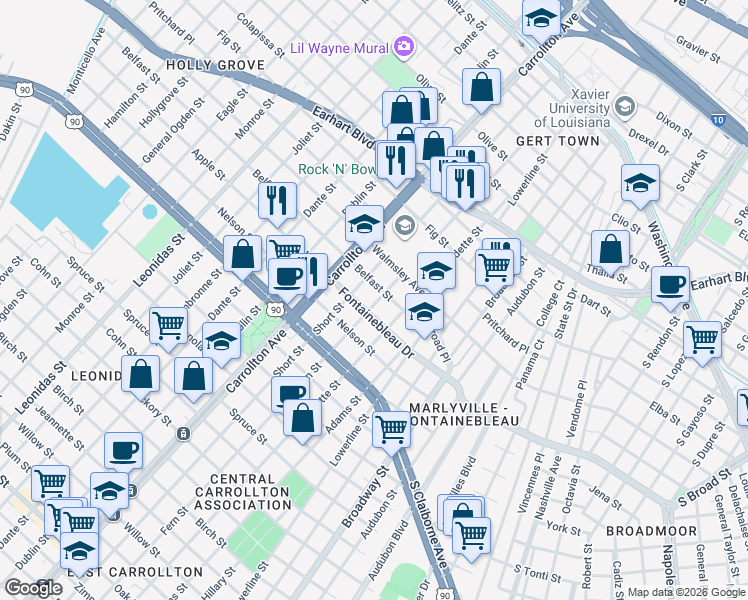 map of restaurants, bars, coffee shops, grocery stores, and more near 2622 Fern Street in New Orleans