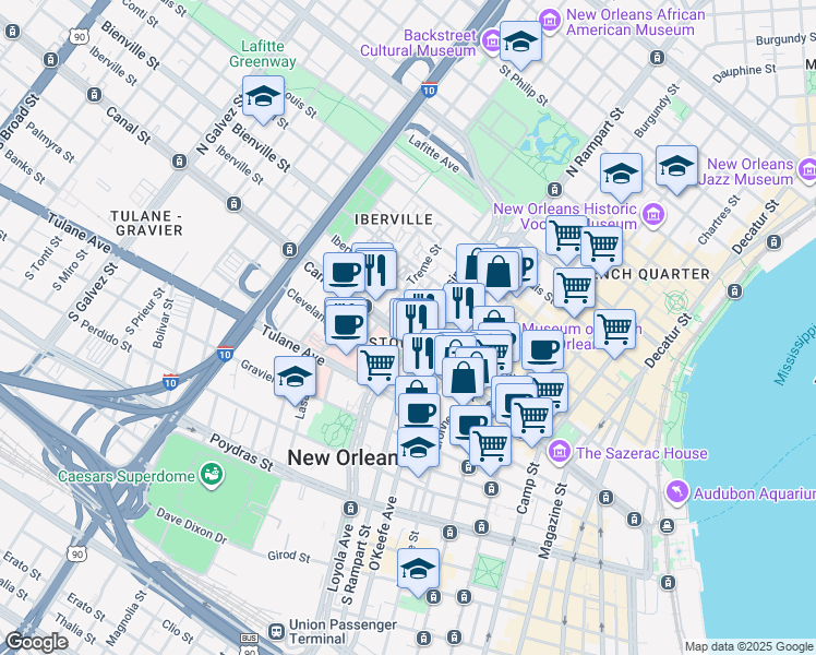 map of restaurants, bars, coffee shops, grocery stores, and more near in New Orleans