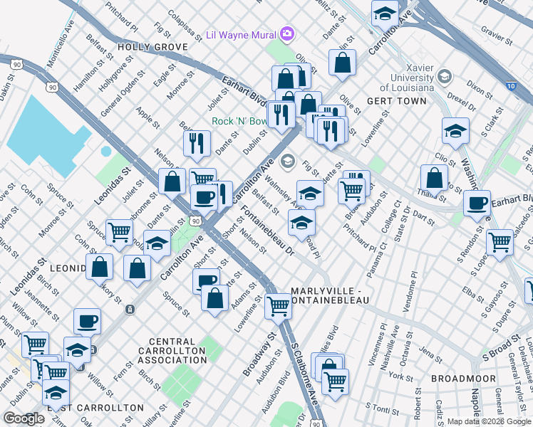 map of restaurants, bars, coffee shops, grocery stores, and more near 2622 Fern Street in New Orleans