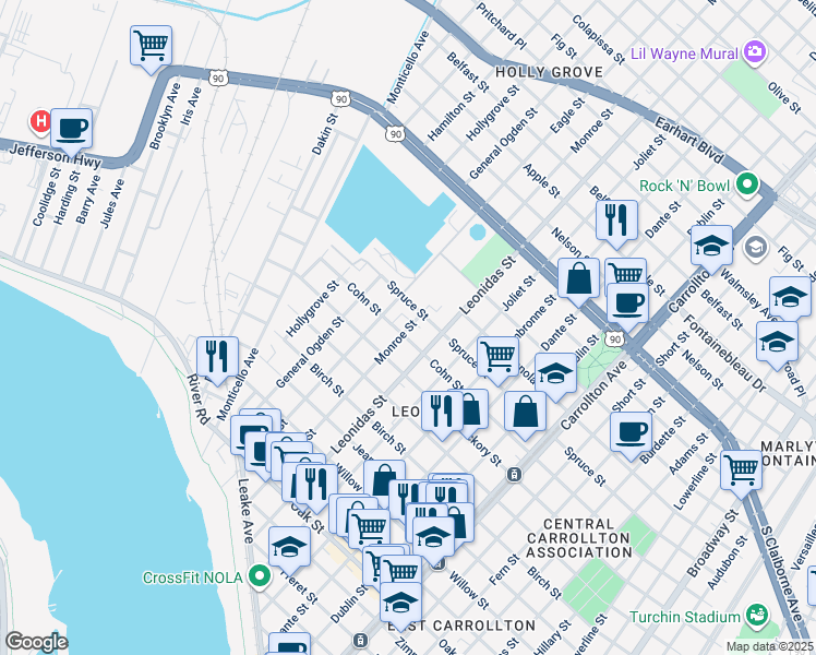 map of restaurants, bars, coffee shops, grocery stores, and more near 1919 Monroe Street in New Orleans