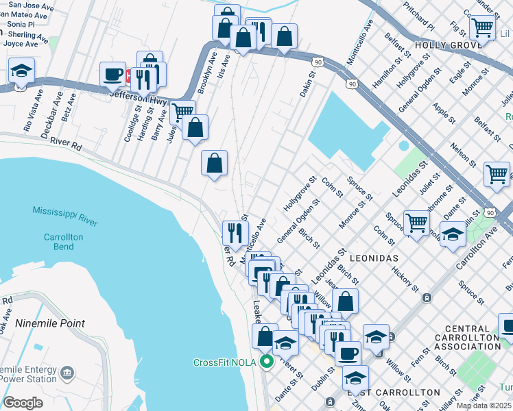 map of restaurants, bars, coffee shops, grocery stores, and more near 400 Dakin Street in Jefferson
