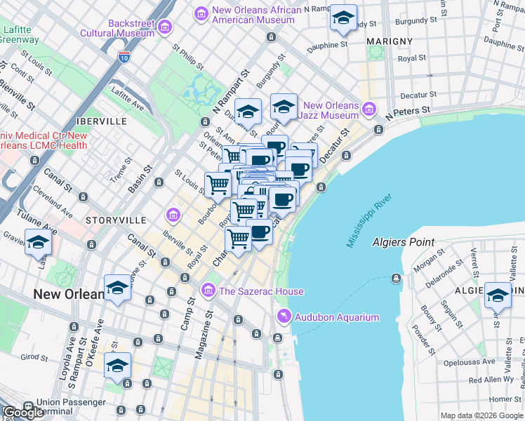 map of restaurants, bars, coffee shops, grocery stores, and more near in New Orleans