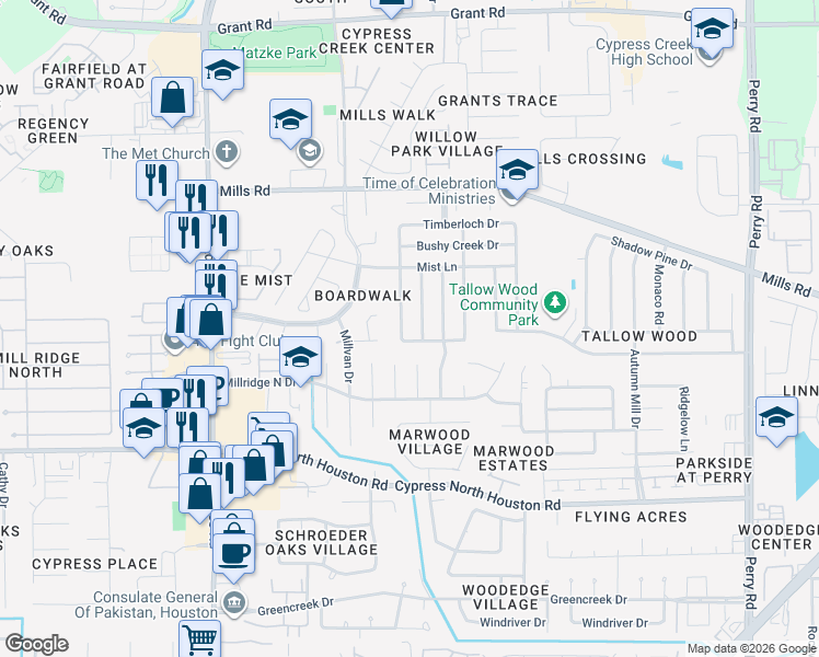 map of restaurants, bars, coffee shops, grocery stores, and more near 12607 Duchess Lane in Houston
