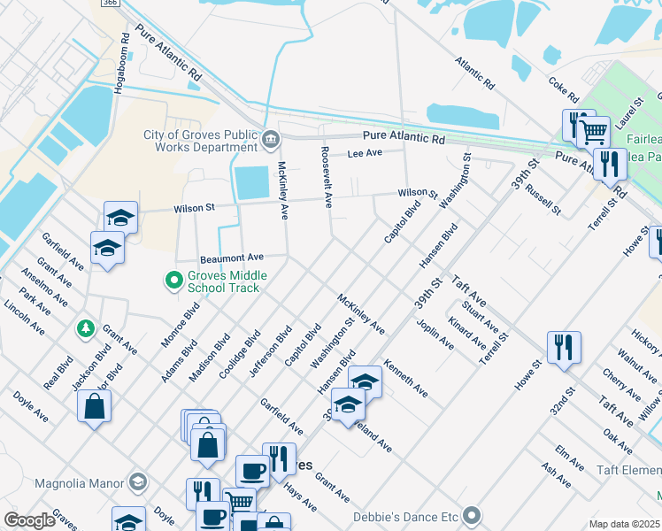 map of restaurants, bars, coffee shops, grocery stores, and more near 6739 Jefferson St in Groves
