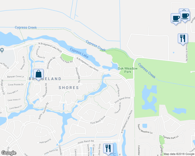 map of restaurants, bars, coffee shops, grocery stores, and more near 8719 Austin Shore Court in Cypress
