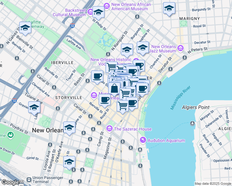 map of restaurants, bars, coffee shops, grocery stores, and more near 500 Royal Street in New Orleans