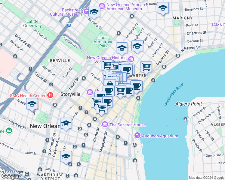 map of restaurants, bars, coffee shops, grocery stores, and more near 712 St Louis St in New Orleans