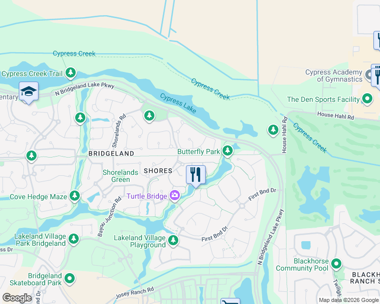 map of restaurants, bars, coffee shops, grocery stores, and more near 18119 South Austin Shore Drive in Cypress