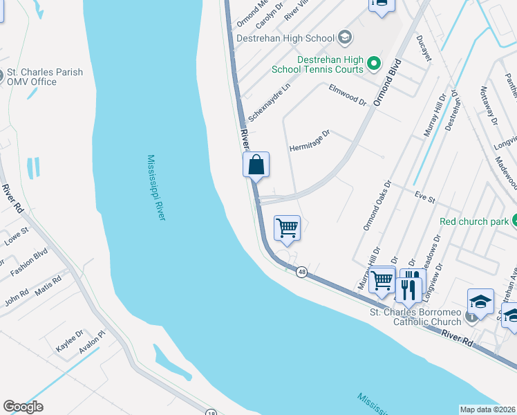 map of restaurants, bars, coffee shops, grocery stores, and more near 100 Ormond Boulevard in Destrehan