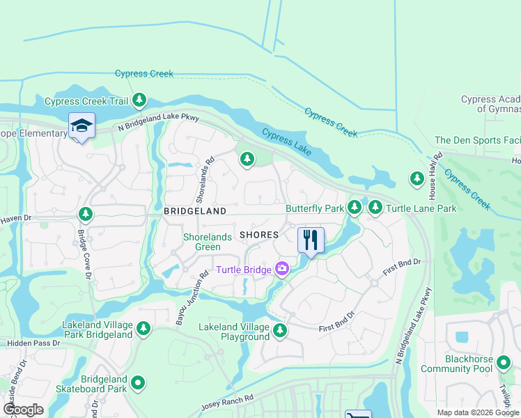map of restaurants, bars, coffee shops, grocery stores, and more near 18323 West Elizabeth Shore Loop in Cypress