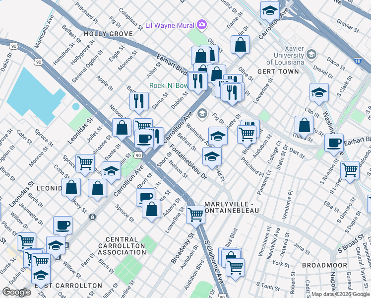 map of restaurants, bars, coffee shops, grocery stores, and more near 2622 Fern St in New Orleans