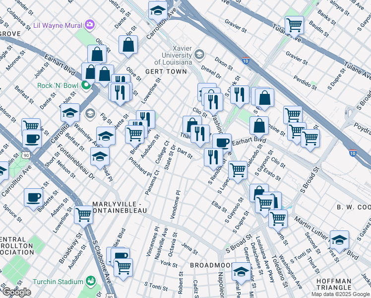 map of restaurants, bars, coffee shops, grocery stores, and more near in New Orleans