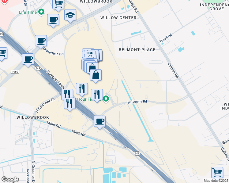map of restaurants, bars, coffee shops, grocery stores, and more near 7250 West Greens Road in Houston