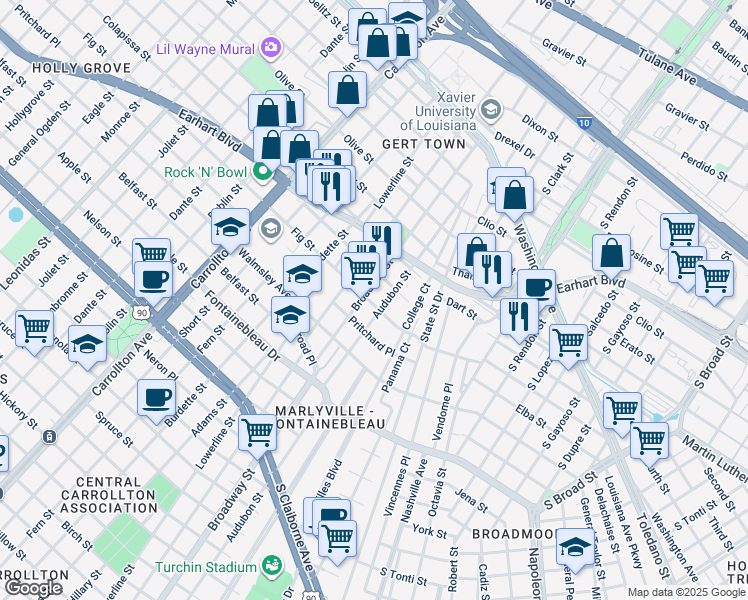map of restaurants, bars, coffee shops, grocery stores, and more near 7107 Fig Street in New Orleans