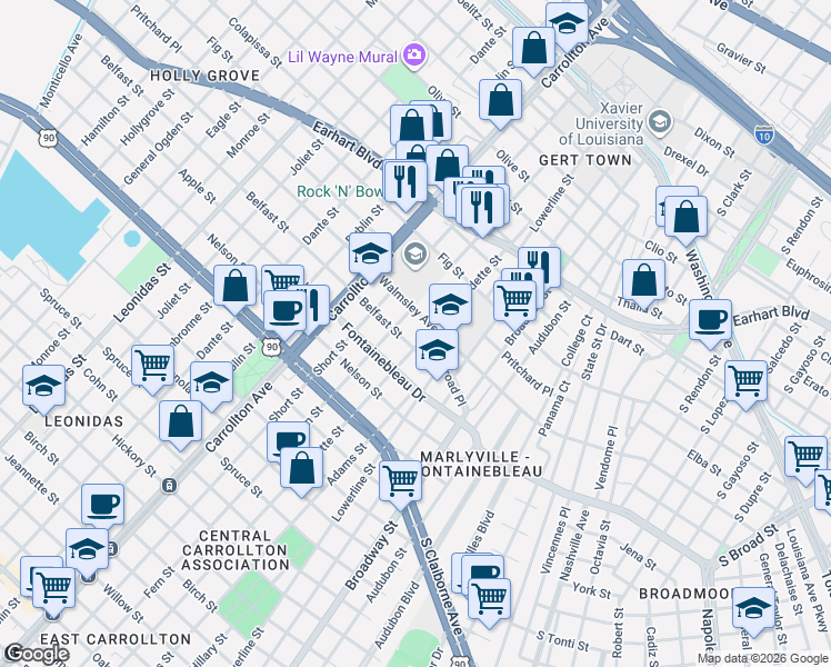 map of restaurants, bars, coffee shops, grocery stores, and more near 7803 Belfast Street in New Orleans