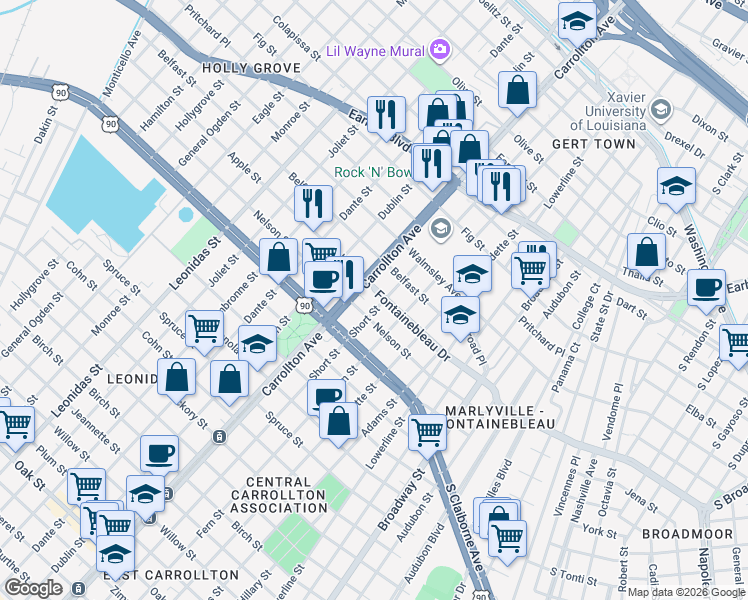 map of restaurants, bars, coffee shops, grocery stores, and more near 2520 Short Street in New Orleans