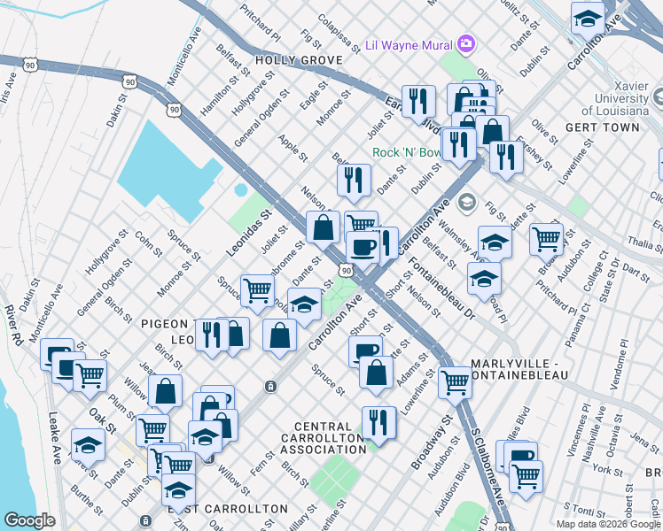 map of restaurants, bars, coffee shops, grocery stores, and more near 2336 Dublin Street in New Orleans