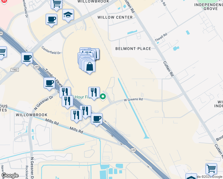 map of restaurants, bars, coffee shops, grocery stores, and more near 7250 West Greens Road in Houston