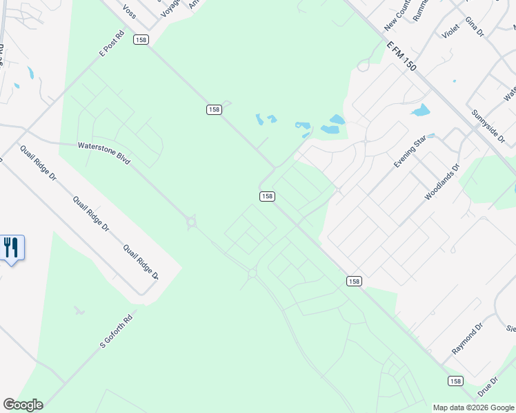 map of restaurants, bars, coffee shops, grocery stores, and more near County Road 158 in Kyle