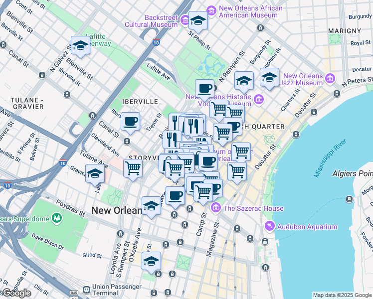 map of restaurants, bars, coffee shops, grocery stores, and more near 231 Burgundy Street in New Orleans