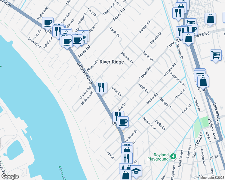 map of restaurants, bars, coffee shops, grocery stores, and more near 213 Midway Drive in River Ridge