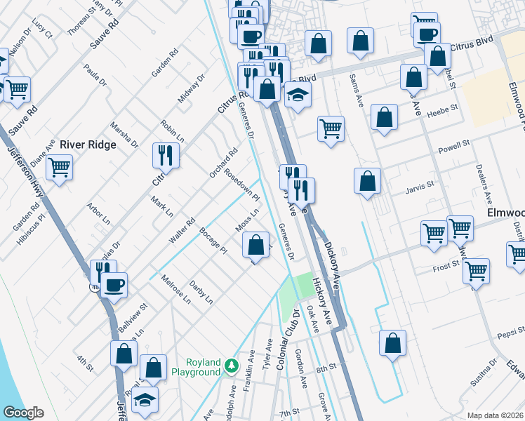 map of restaurants, bars, coffee shops, grocery stores, and more near 1405 Moss Lane in River Ridge