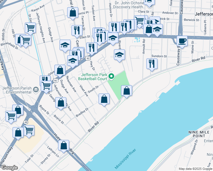 map of restaurants, bars, coffee shops, grocery stores, and more near 213 Highway Drive in Jefferson