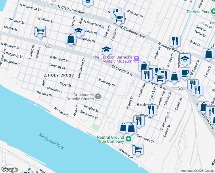 map of restaurants, bars, coffee shops, grocery stores, and more near 832 Tricou Street in New Orleans