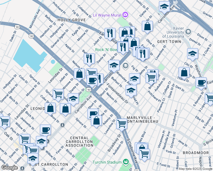 map of restaurants, bars, coffee shops, grocery stores, and more near 6 Fontainebleau Drive in New Orleans