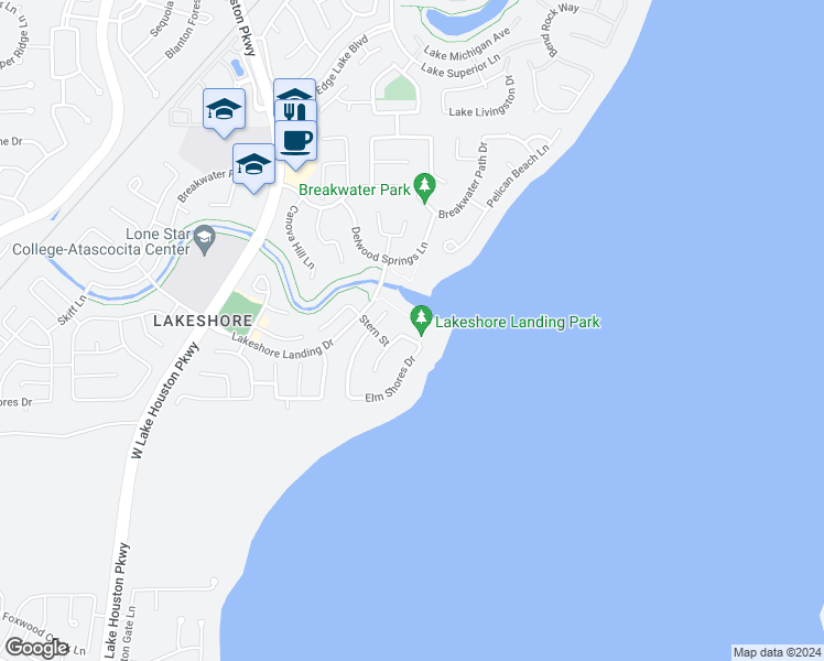 map of restaurants, bars, coffee shops, grocery stores, and more near 15914 Cedar Shores Lane in Houston