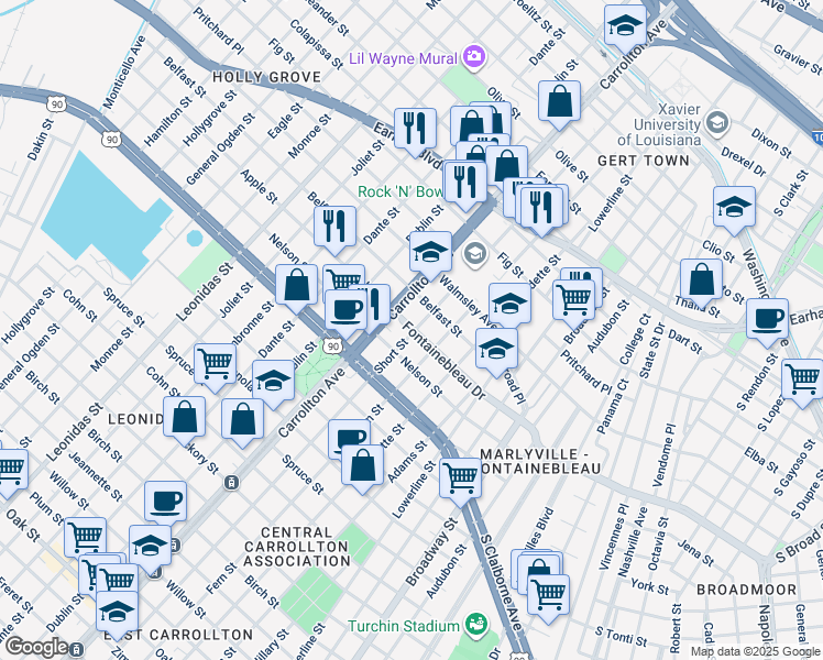 map of restaurants, bars, coffee shops, grocery stores, and more near 8 Fontainebleau Dr in New Orleans