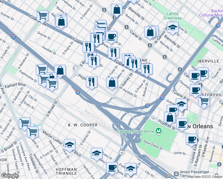 map of restaurants, bars, coffee shops, grocery stores, and more near 601 South Galvez Street in New Orleans