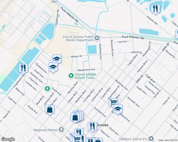 map of restaurants, bars, coffee shops, grocery stores, and more near 4801 Beaumont Avenue in Groves