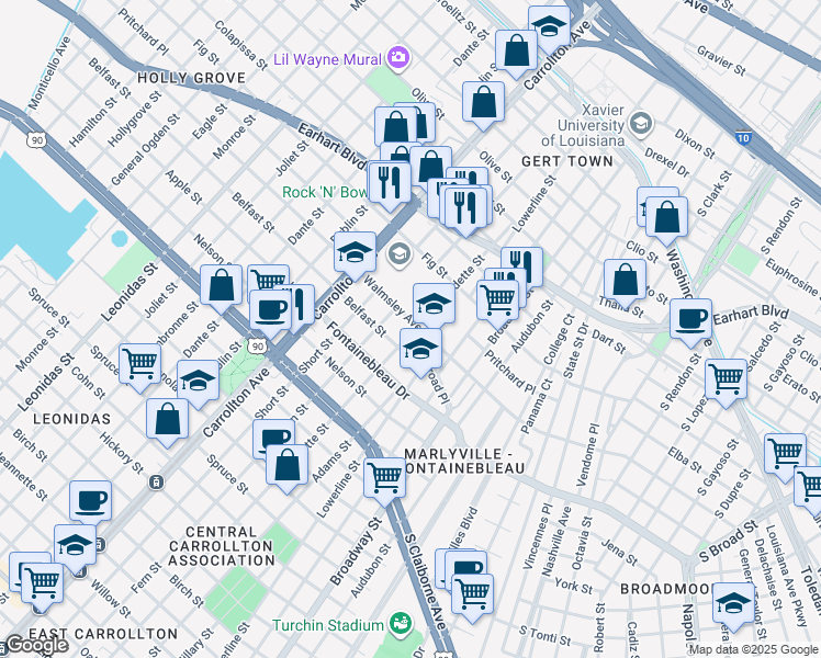 map of restaurants, bars, coffee shops, grocery stores, and more near 7803 Belfast Street in New Orleans