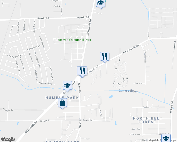 map of restaurants, bars, coffee shops, grocery stores, and more near 239 Atascocita Road in Humble