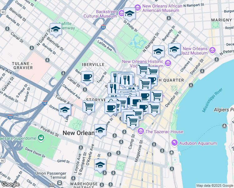 map of restaurants, bars, coffee shops, grocery stores, and more near 231 Burgundy Street in New Orleans