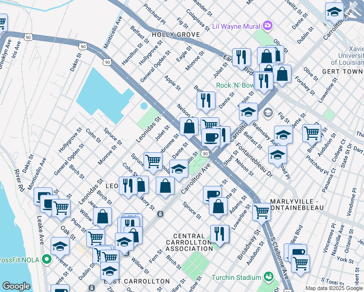 map of restaurants, bars, coffee shops, grocery stores, and more near 8219 Neron Place in New Orleans
