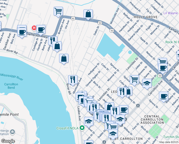 map of restaurants, bars, coffee shops, grocery stores, and more near 1627 Hollygrove Street in New Orleans