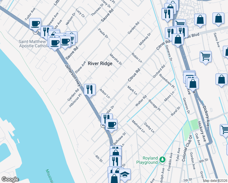 map of restaurants, bars, coffee shops, grocery stores, and more near 245 Citrus Road in River Ridge