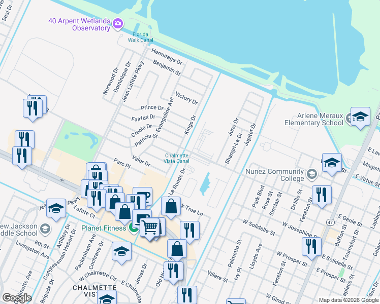 map of restaurants, bars, coffee shops, grocery stores, and more near 8900 Patricia Street in Chalmette