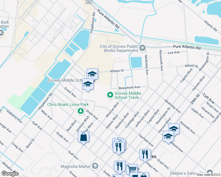 map of restaurants, bars, coffee shops, grocery stores, and more near 6601 Taylor Avenue in Groves